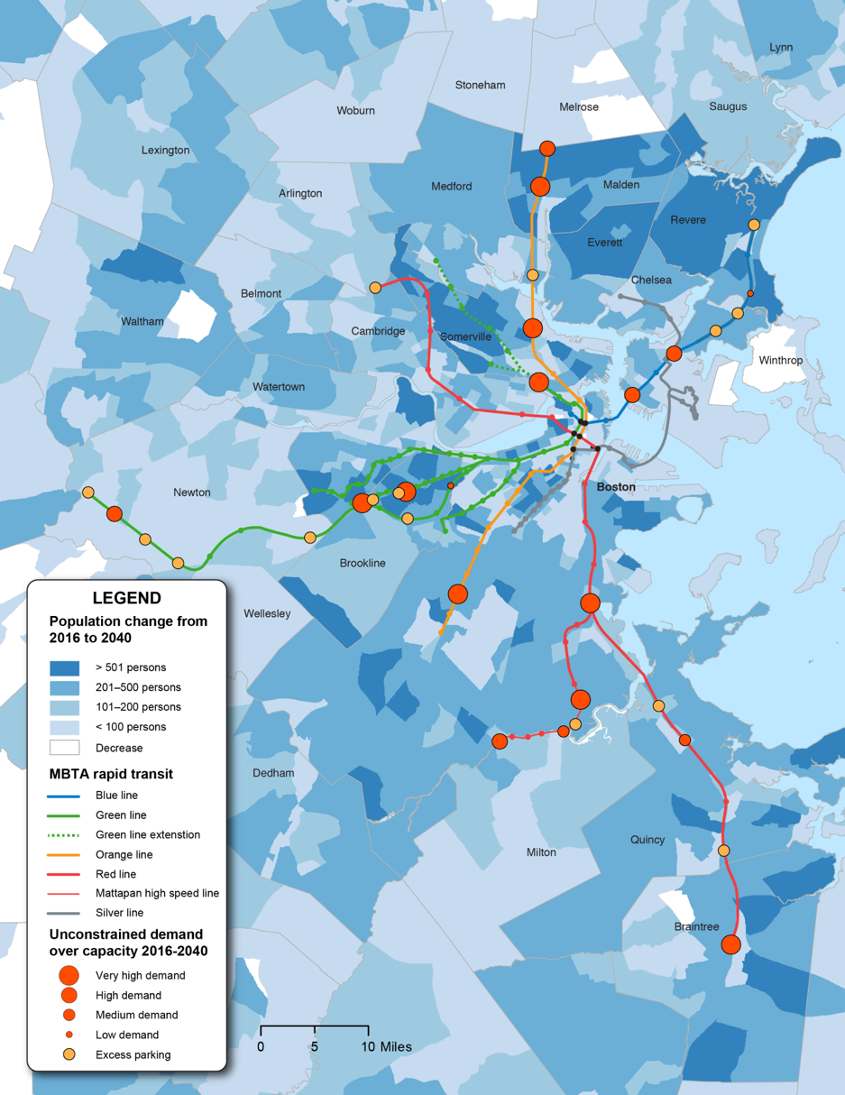 Figure 2: Rapid Transit – 2040 No-Build Scenario: Parking Demand over Existing Capacity
Figure 2 is a map of eastern Massachusetts that depicts the projected change in population for municipalities from 2016 to 2040. An overlay shows the active and proposed MBTA rapid transit lines. Another overlay shows the amount of demand (from low to very high) for parking at rapid transit stations, as well as stations with excess parking, for the period from 2016 to 2040.